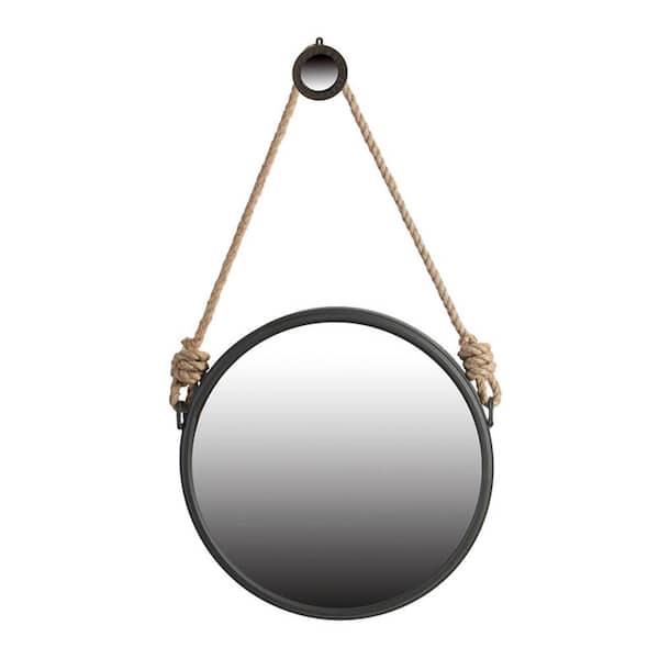 Tatahance 19.5 in. W x 19.5 in. H Round Metal Frame Black Wall Mirror with Rope Strap