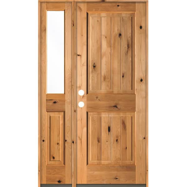 Krosswood Doors 44 in. x 80 in. Rustic Knotty Alder 2 Panel Sidelite Right-Hand/Inswing Clear Glass Clear Stain Wood Prehung Front Door