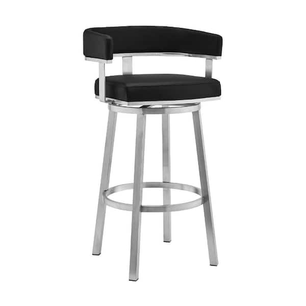 Benjara 26 in. Black and Silver Low Back Metal Frame Barstool with Faux Leather Seat