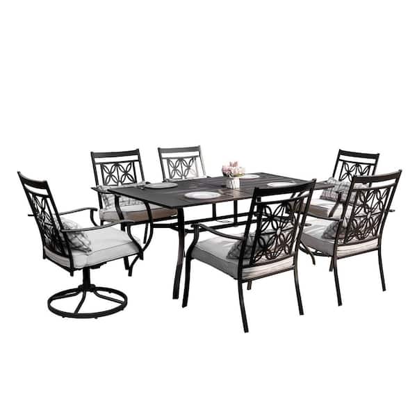 Black 7-Piece Metal Outdoor Dining Set with Beige Cushions and Swivel & Stationary Chairs