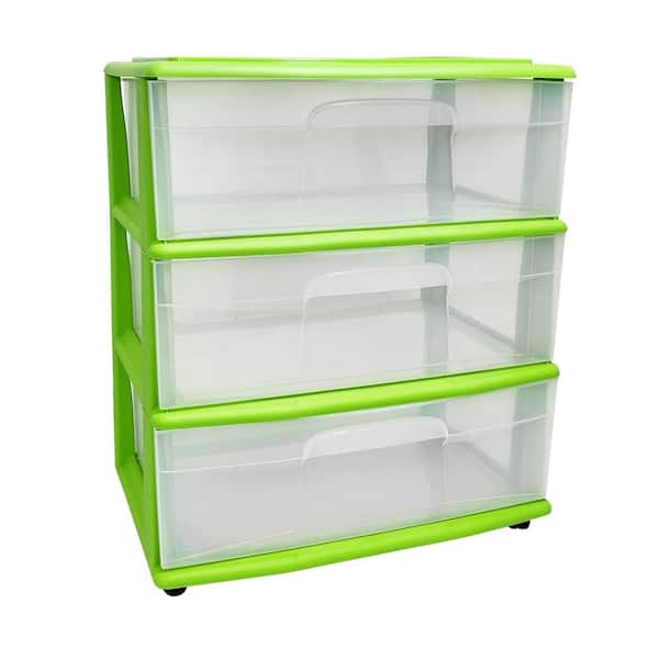 HOMZ 21.5 in. W x 25.5 in. H Lime Wide Cart 3 Drawer with Clear Drawers and Optional Casters