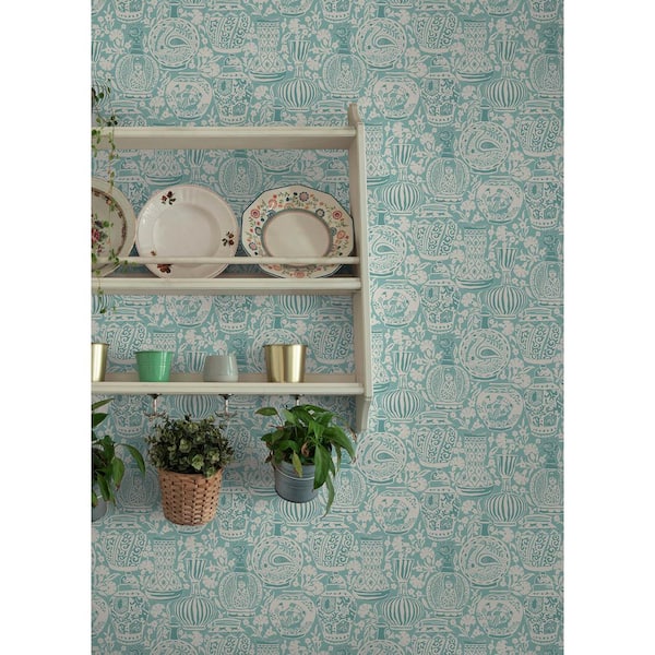 Delft Pottery Aqua Blue Peel and Stick Wallpaper