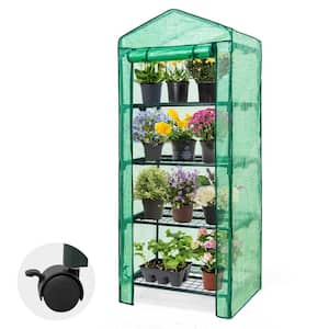 4-Tier 19 in. D. x 27 in. W. x 65 in. H Mini Portable Rolling Greenhouse with Green PE Cover, Wheels and Wire Shelves