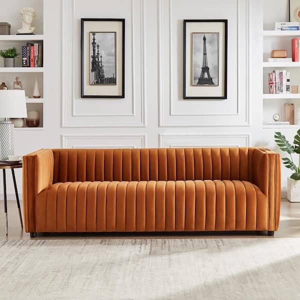 Ashcroft Furniture Co Sydney 85 in. W Square Arm Mid Century Modern Style Velvet Rectangle Sofa in Burnt Orange (Seats 3)