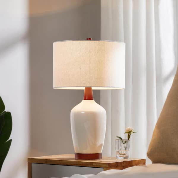 22. 5 in. White Crackle Ceramic Table Lamp with Mahogany Wood Decorates