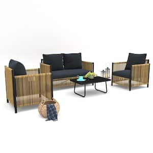 Brown 4-Piece PE Wicker Patio Conversation Set Outdoor Sectional Sofa Set with Gray Cushions and Coffee Table