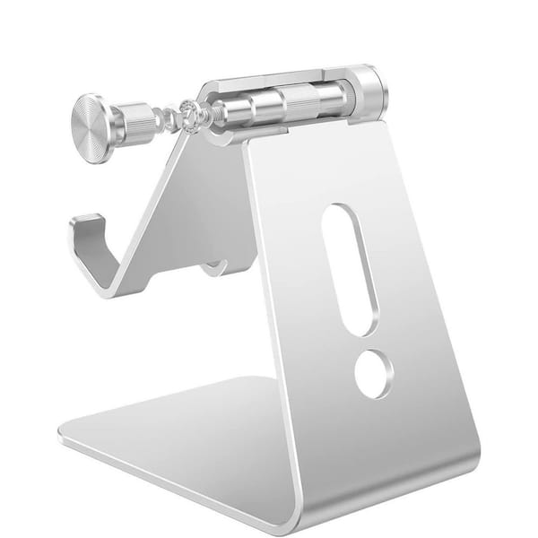 Adjustable Cell Phone Stand with Anti-Slip Base and Charging Port, Fits All Smart Phones, Silver, 270° Rotation
