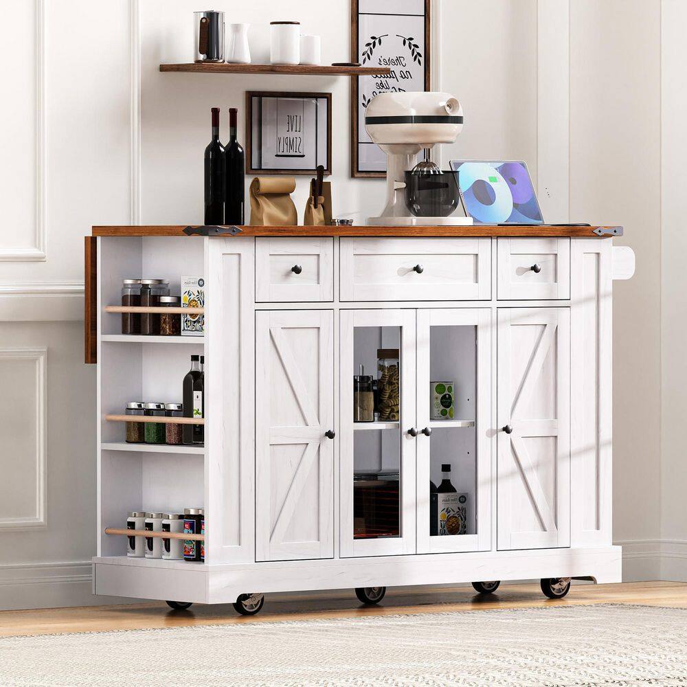 White Wood Top 53-in. Kitchen Island on 5-Hidden Wheels with 3-Drawers,Drop