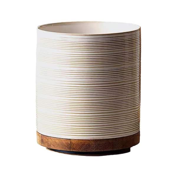 Off-White Ceramic Utensil Holder with 360° Rotating Wooden Base for Kitchen Countertop