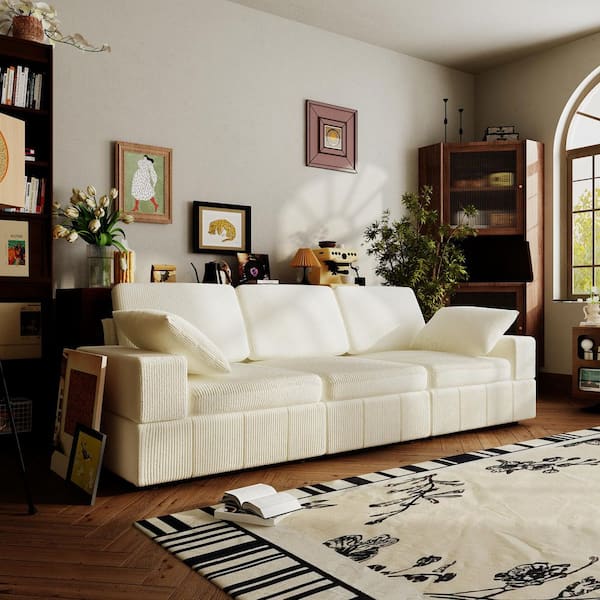 FUFU&GAGA 96.9 in. Width Straight Arm Soft Corduroy Fabric Rectangle Sofa in White for 3-Seat with Back, 2 Pillows