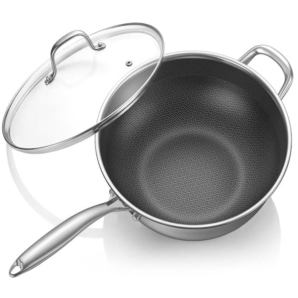 12.5 in Hybrid Stainless Steel Wok Pan with Lid, Laser-Textured Nonstick, Induction Compatible