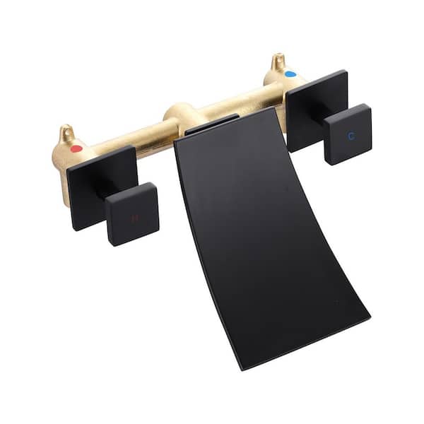 VEVETTA 2-Handle Wall-Mount Roman Tub Faucet Brass Waterfall Tub Filler with Rough-in Valve in Matte Black