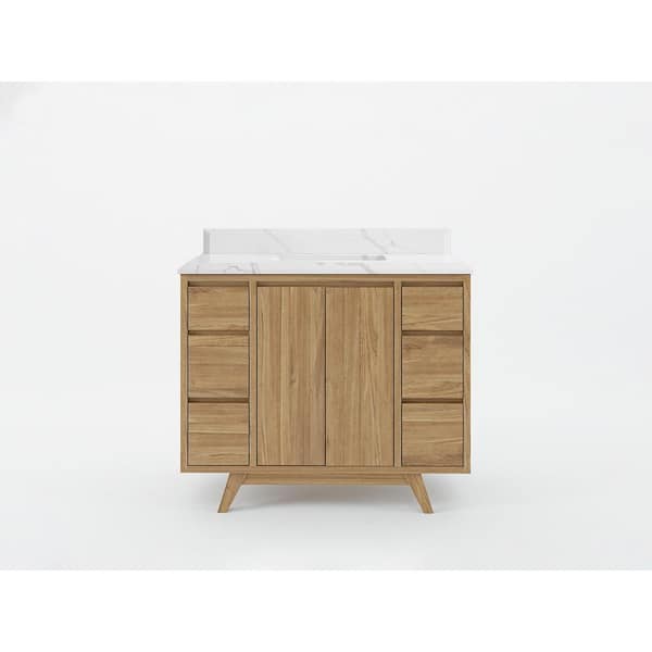 Willow Collections Madison Teak 42 in. W x 22 in. D x 36 in. H Bath Vanity in Golden Teak with Cove Edge Calacatta Quartz