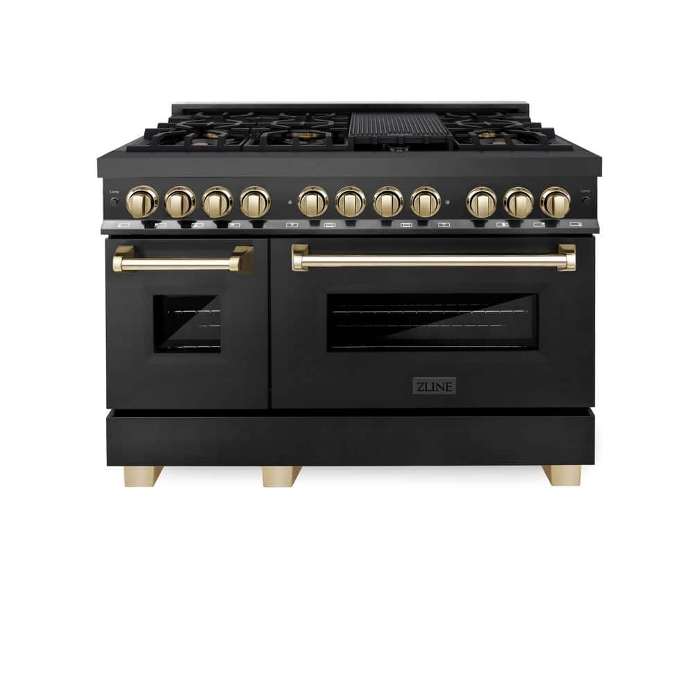 ZLINE Kitchen and Bath Autograph Edition 48 in. 7 Burner Double Oven Dual Fuel Range in Black Stainless Steel and Polished Gold