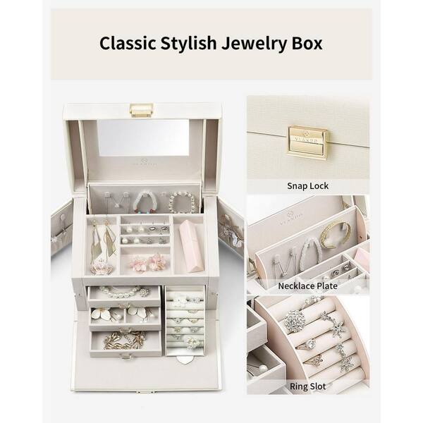 Vlando Jewelry Organizer Box With Glass Lid & 3 Drawers - PU Leather, Cloud White, Gift Ready