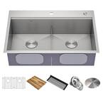 Loften Stainless Steel 18-Gauge 33 in. Double Bowl Drop-In Workstation Kitchen Sink with Accessories