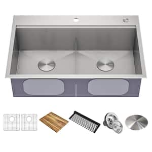 Loften 33 in. Drop-in/Undermount Double Bowl Stainless Steel Kitchen Workstation Sink with Accessories