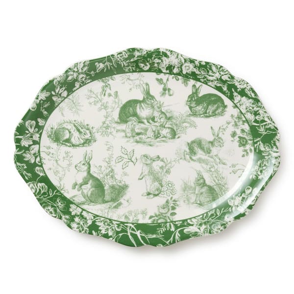 Le Jardin 16 in. x 12 in. Oval and White Green Stoneware Platter
