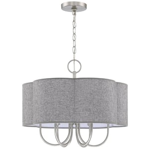 Selma 20 in. 6-Light Brushed Nickel Drum Chandelier with Urban Gray Scalloped Fabric Shade