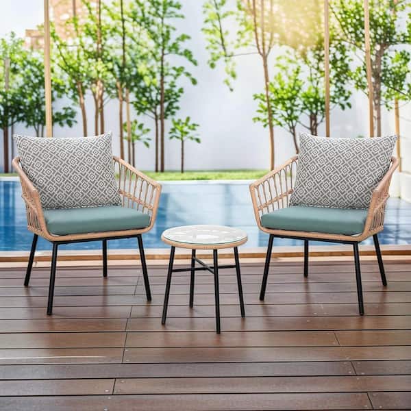 Yangming Brown 3-Piece Rattan Outdoor Bistro Patio Set , Conversation Set with Gray Cushions, Glass Coffee Table, Green Cushions