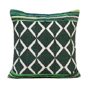Textured Green / Blue Bordered Boho Geometric 20 in. x 20 in. Throw Pillow