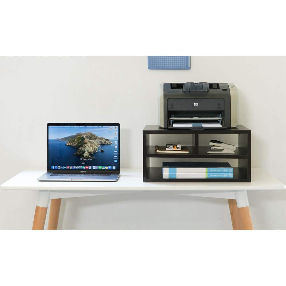 Black Wood Office Desktop Printer Stand with Storage Shelves