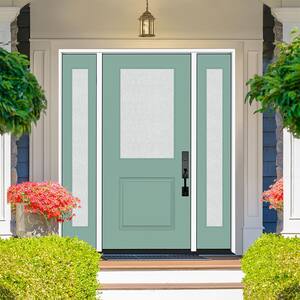 Legacy 64 in. x 80 in. 1/2 Lite Rain Glass RHOS Primed Quarry Finish Fiberglass Prehung Front Door w/Dbl 12 in. SL