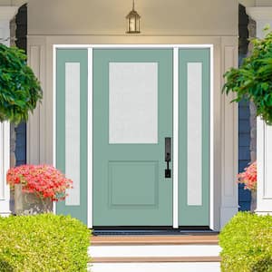 Legacy 68 in. x 80 in. 1/2 Lite Rain Glass RHOS Primed Quarry Finish Fiberglass Prehung Front Door w/Dbl 14 in. SL