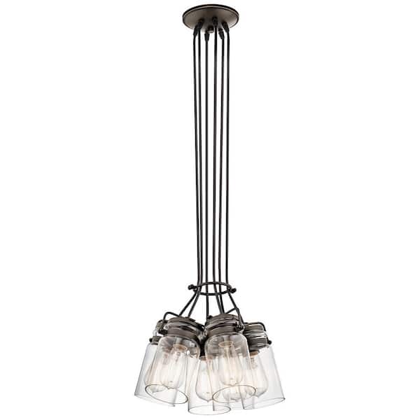 KICHLER Brinley 6-Light Olde Bronze Vintage Industrial Shaded Kitchen Pendant Hanging Light with Clear Glass