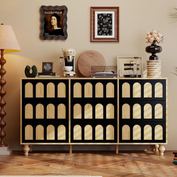 FUFU&GAGA Black and Oak 9-Drawer 59 in. Chest of Drawers with Carved Arched Front Panels and Turned Wood Legs