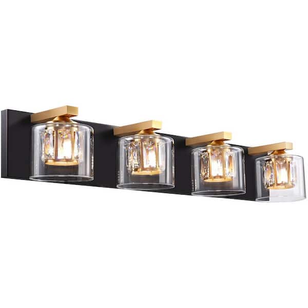 Delvon 29 in. W 4-Light Matte Black/Gold Vanity Light with Double Layer Clear Glass and Crystal Shades for bathroom