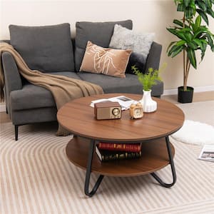 33.5 in. Walnut Round Wood Coffee Table with 2-Tier