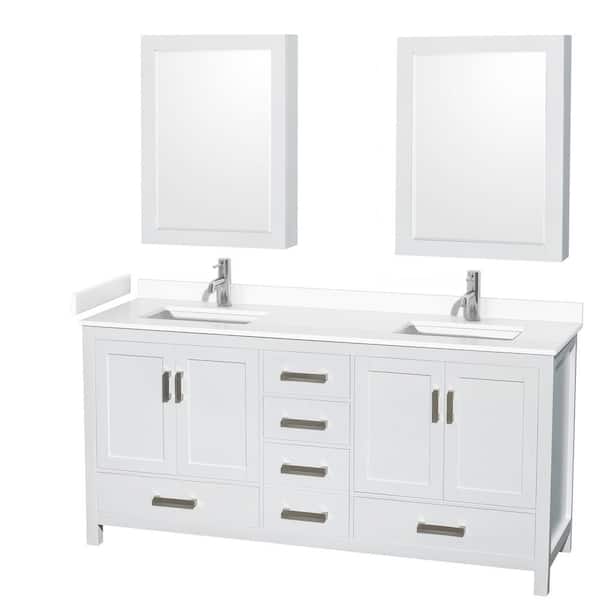Wyndham Collection Sheffield 72 in. W x 22 in. D x 35 in. H Double Bath Vanity in White with White Cultured Marble Top and MC Mirrors