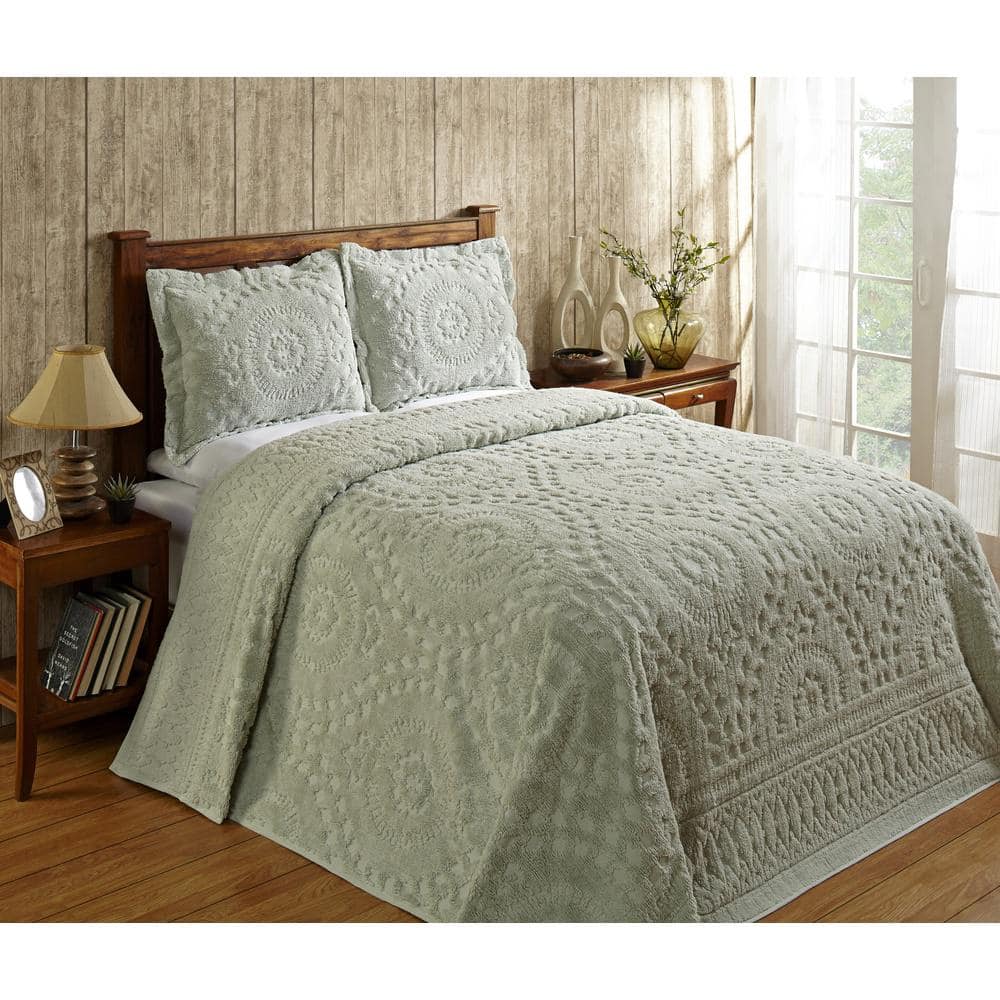Twin Blue Cotton Chenille Reversible Textured Bedspread Set