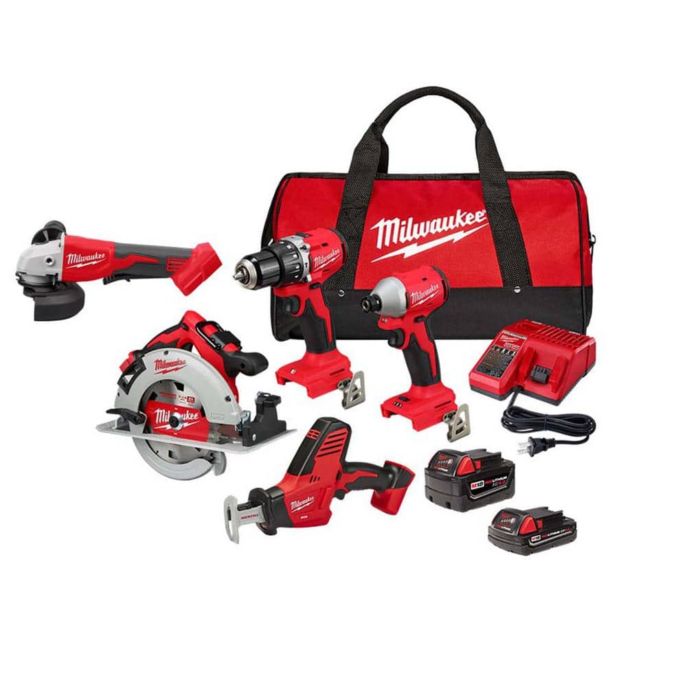 M18 18-Volt Lithium-Ion Brushless Cordless Combo Kit (4-Tool) with 2-Batteries, 1-Charger with 4-1/2 in./5 in. Grinder -  Milwaukee