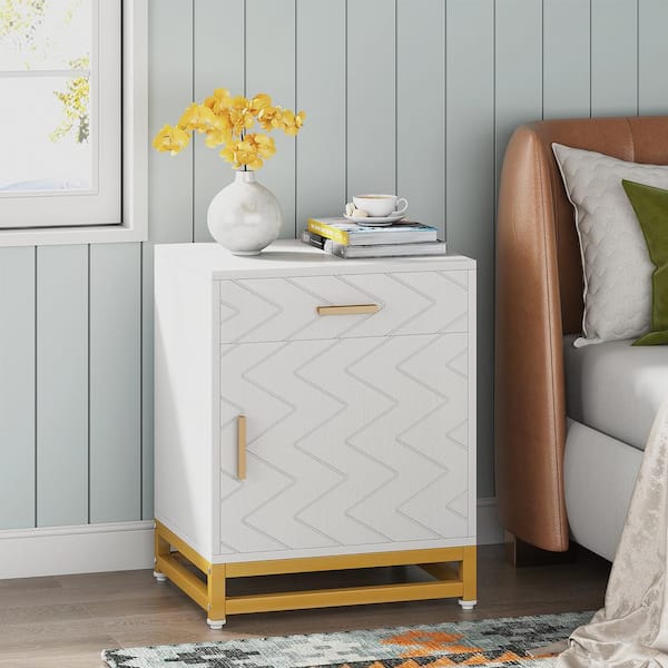 BYBLIGHT Fenley White Modern Nightstand Gold Metal Frame with Drawer and Door Bedside Sofa End Table 19.69"W x 15.75"D x 25.59"H