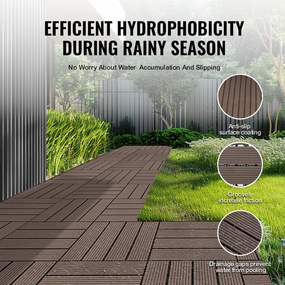 Dark Brown Composite Interlocking Waterproof Deck Tiles, 12" x 12"