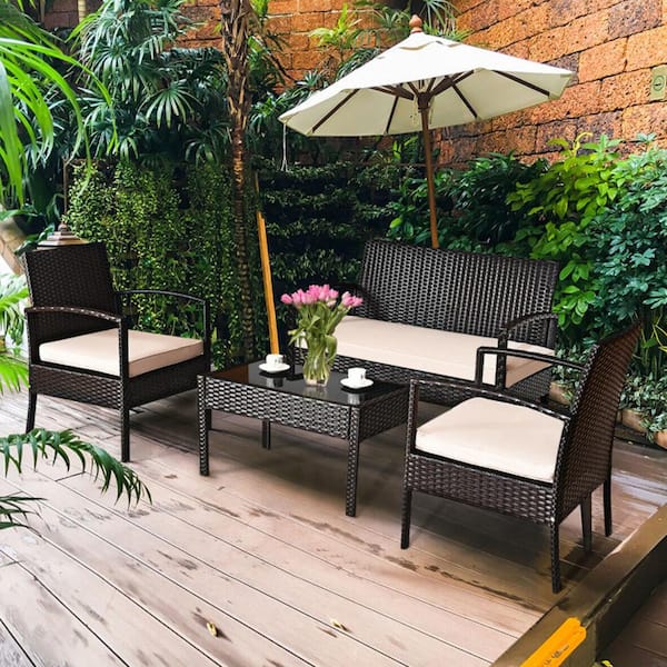 Kadehome 4-Piece Wicker Rattan Patio Conversation Set with Beige Seat Cushion
