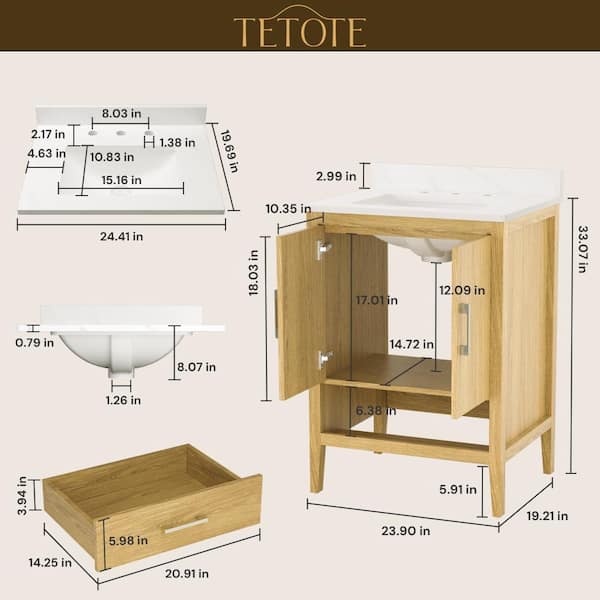TETOTE 24 in. Single Sink Wood Bath Vanity with Quartz Top HD