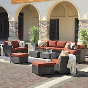 Suvius 12-Piece Wicker Outdoor Patio Conversation Seating Set with Orange Red Cushions