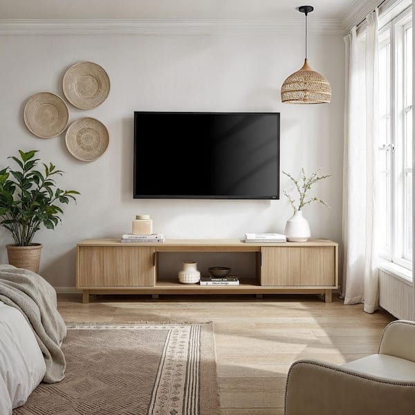 70 in. Mid-Century Modern Coastal Oak Wood TV Stand with 2 Reeded Doors (Max TV Size 80 in.)