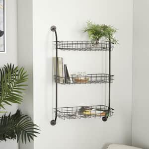 Black 3 Shelves Metal Wall Shelf with Suspended Baskets