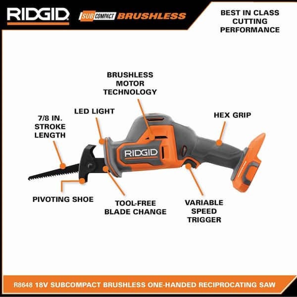 RIDGID R8648KN 18V SubCompact Brushless Cordless One-Handed Reciprocating Saw Kit with 2.0 Ah Battery and Charger - 3