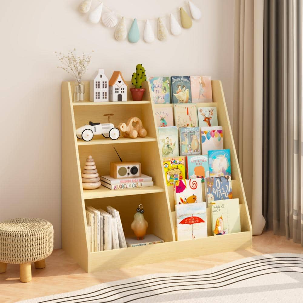 Avex 35 in. W Natural 6-Shelf Toy Storage Organizer and Wooden Kids Bookshelf with Bookcase Display Stand