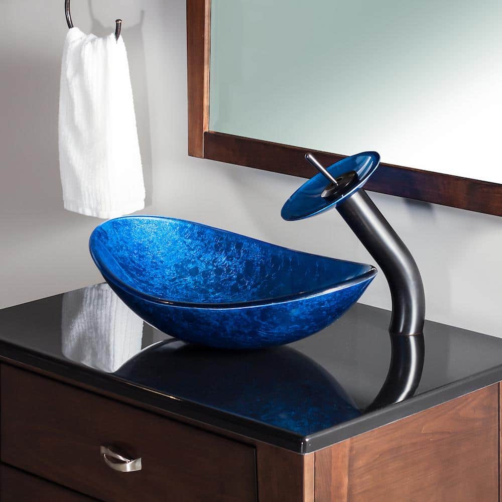 Blue Foil Painted Glass Oval Vessel Sink