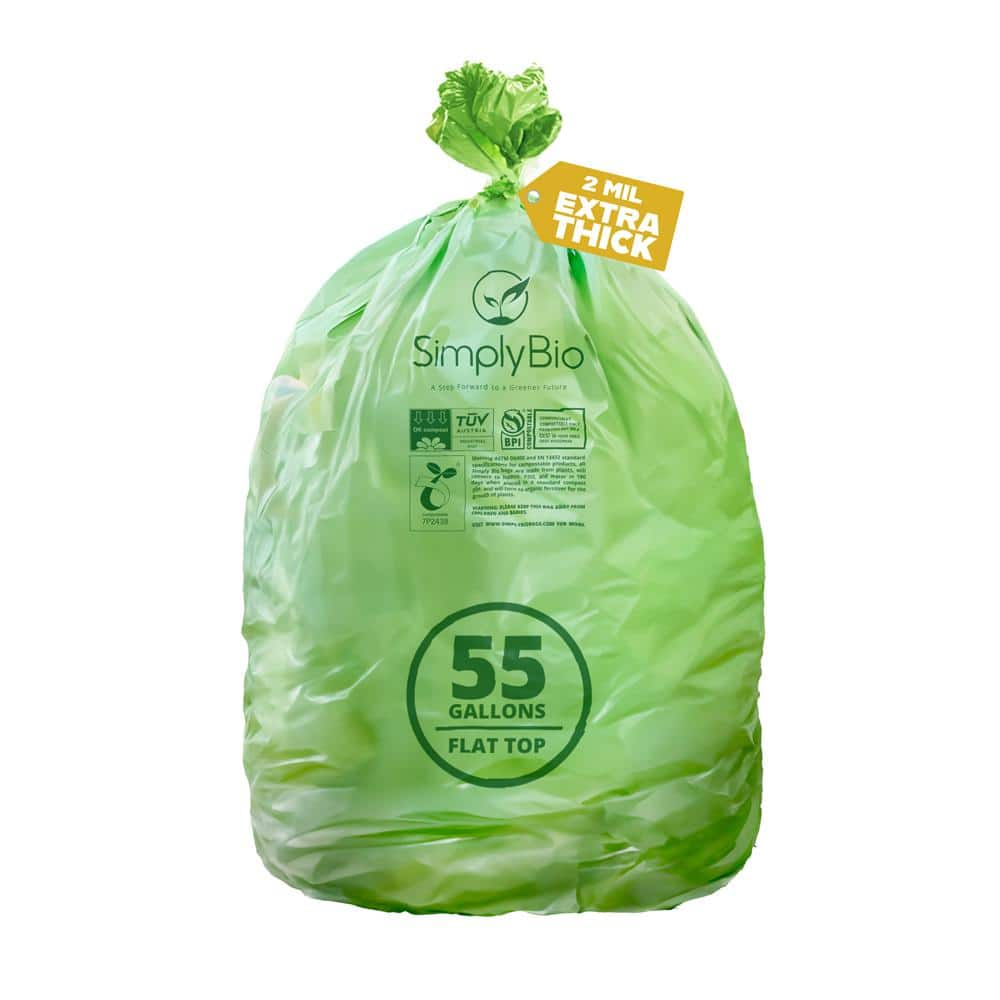 Simply Bio 55 Gal. Compostable Trash Bags, Flat Top Heavy-Duty 2 mil ...