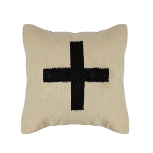 20 in. Square Black and Natural Swiss Cross Cotton Wool Throw Pillow