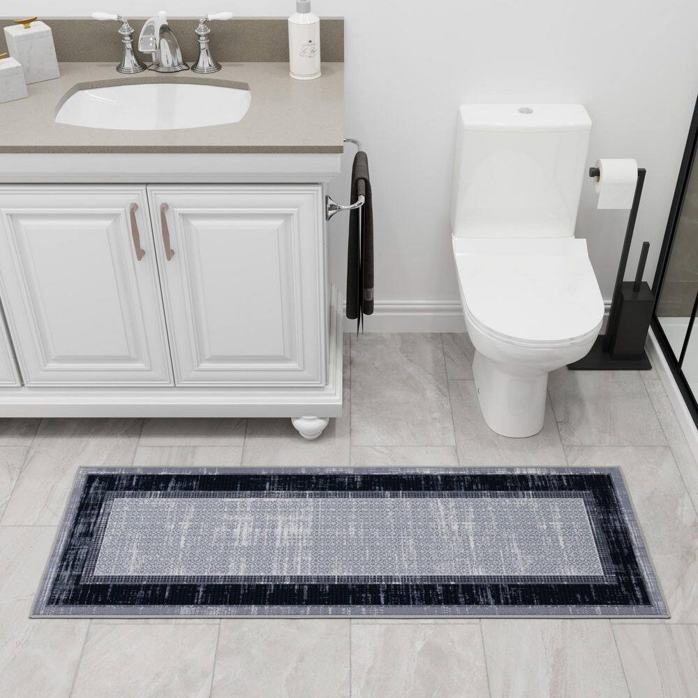 Gray and Black Non-Slip Synthetic Hallway Runner Rug