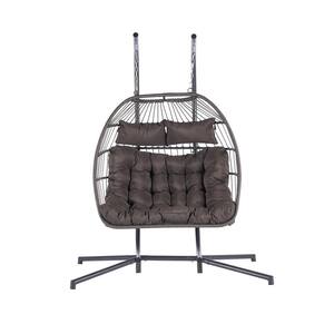 2 Person 720 lbs. Outdoor Rattan Hanging Metal Patio Chair Wicker Egg Chair with Black Stand and Dark Gray Cushions