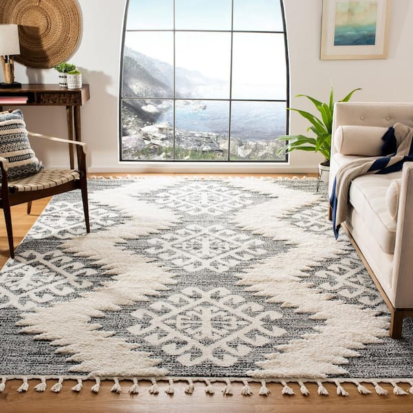 Moroccan Tassel Shag Ivory/Gray 9 ft. x 9 ft. Square Geometric Area Rug